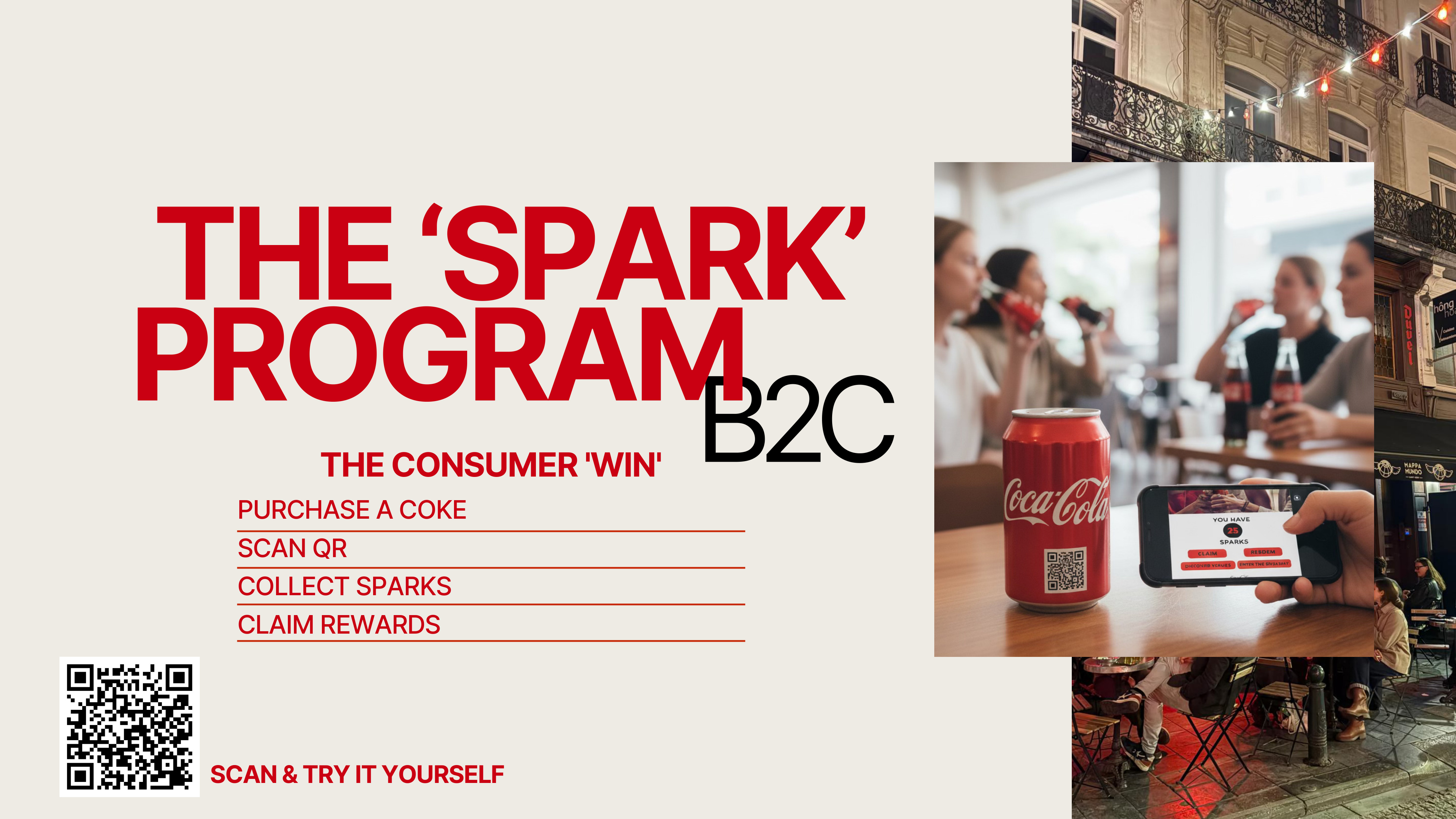 B2C Spark Program: purchase a Coke, scan QR, collect Sparks, claim rewards